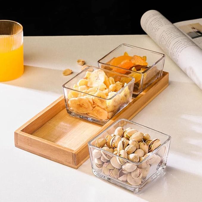 3 Piece Square Storage Jar Set with Wooden Tray – Airtight Kitchen Storage Containers