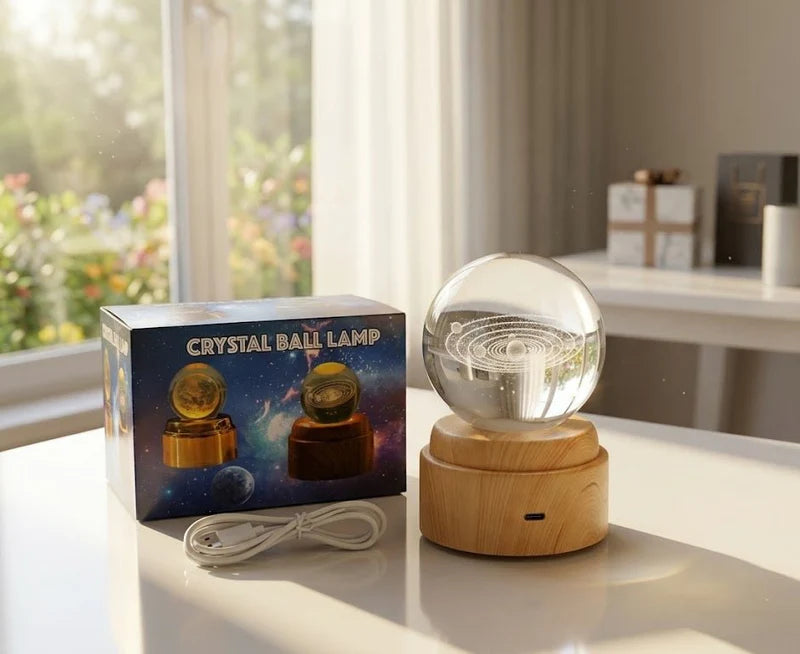 Crystal Ball Night Light – 3D Galaxy LED Lamp with Wooden Base