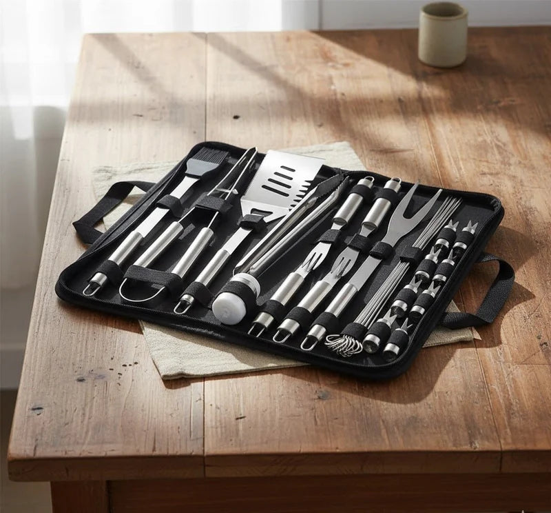 Professional BBQ Grill Tool Set – Stainless Steel Barbecue Accessories Kit with Carry Case