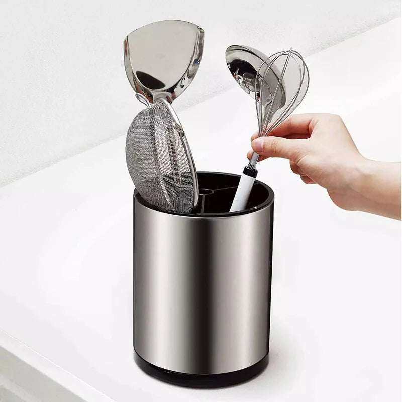 Stainless Steel Rotating Storage Bucket – 360° Kitchen Utensil Organizer
