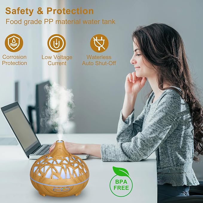 Wooden Lattice Ultrasonic Aroma Diffuser – 300ML Essential Oil Humidifier