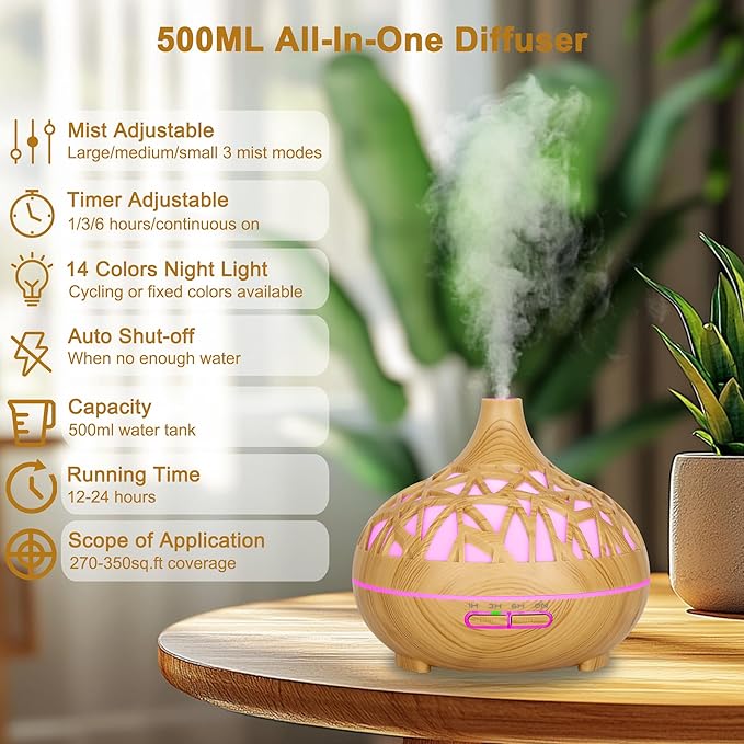 Wooden Lattice Ultrasonic Aroma Diffuser – 300ML Essential Oil Humidifier